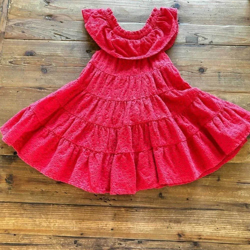 Oshkosh Genuine Kids B Boho Sundress Coral Red Eyelet Lace Tiered Dress Size 2T